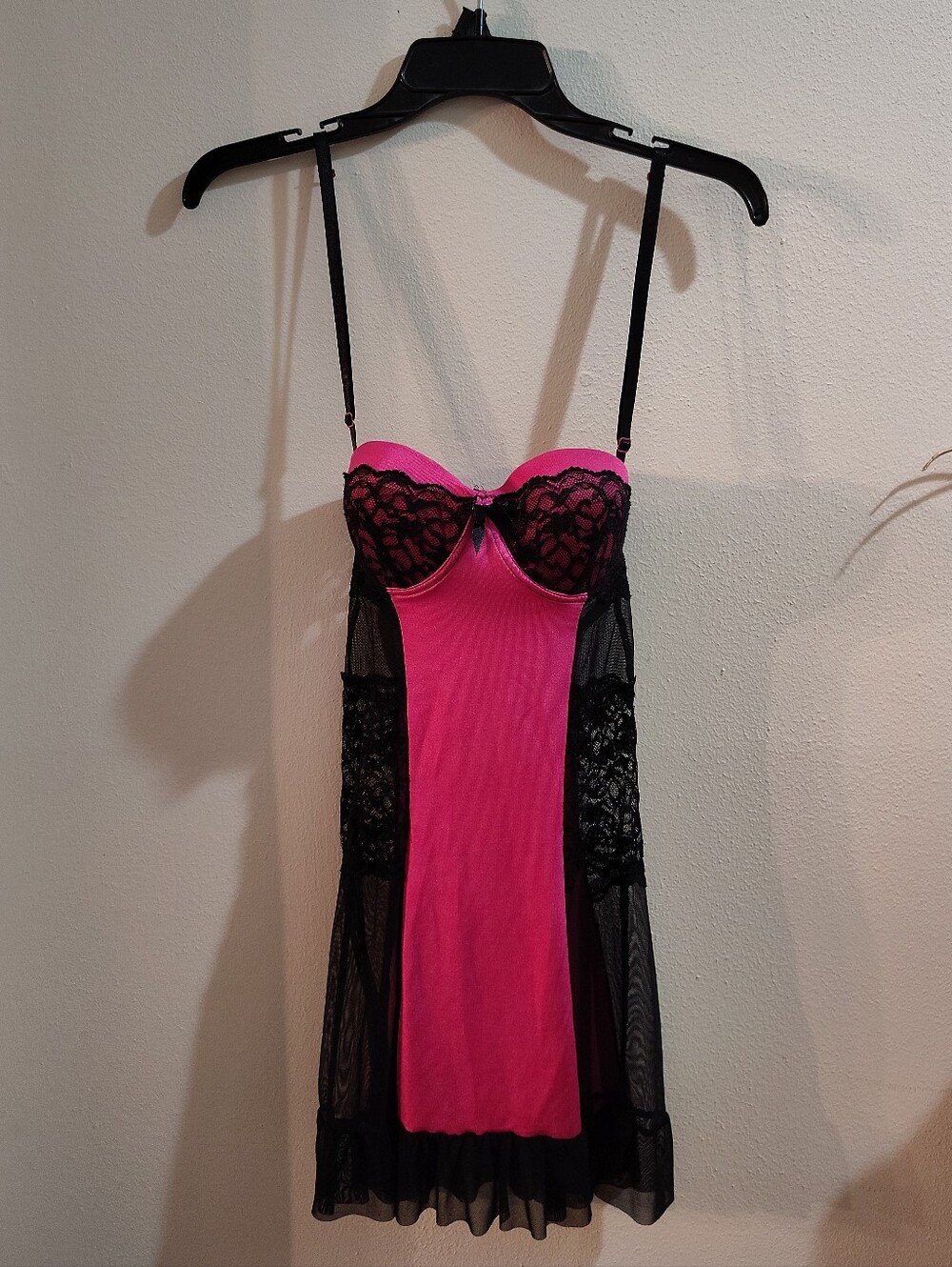 Black Fuchsia by Yelena Pink & Black Lace Babydoll Chemise Intimate Size Small